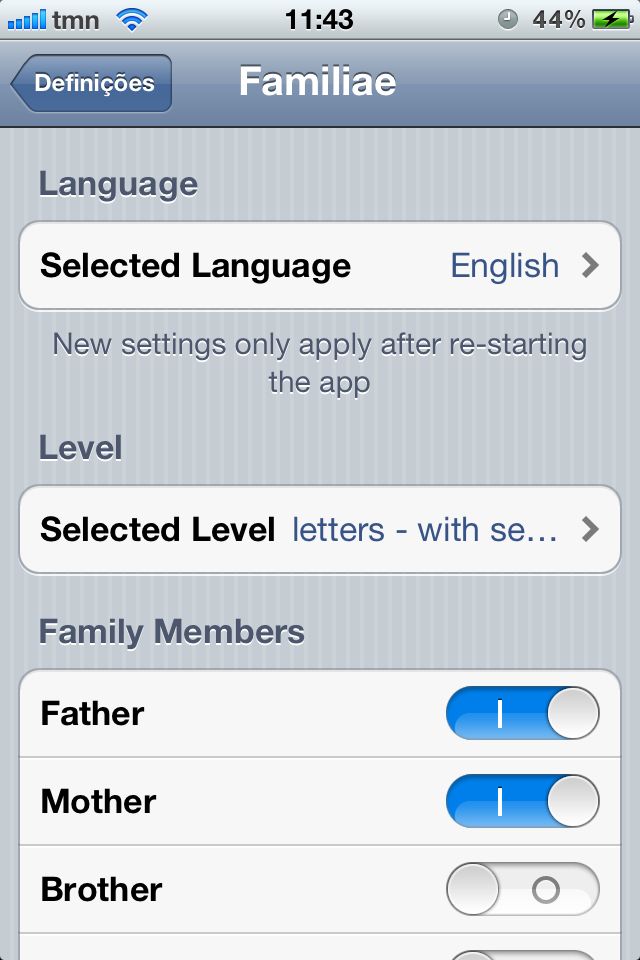 Definições da aplicação